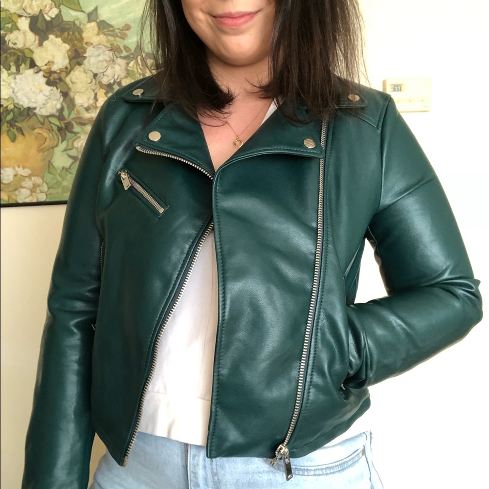 ASOS Stradivarius Green faux motto leather jacket